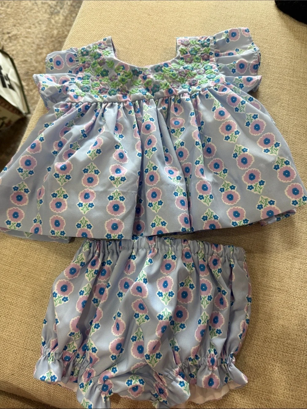 Smocked Floral Baby Matching Set - Light Blue & Pink